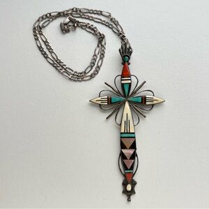 Sterling Zuni Adeline Bownannie Turquoise MOP Onyx  Coral inlay mosaic cross